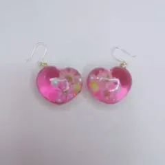 ぷっくり ハート型 ピアス ハンドメイド レジン ドライフラワー ピンク 立体