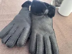 ダークグレー レザー手袋 リボン付き　レディース