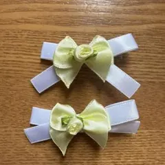 リボンデザインのヘアクリップセット　2個セット イエロー　白　リボン　薔薇②