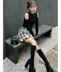 Darich ダーリッチ ツイードチェックニットワンピース グレー