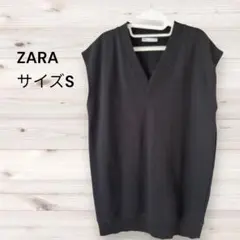 ZARA ロングベスト Vネック S ブラック黒　スェット生地
