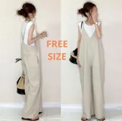 オールインワン サロペット グレージュ オーバーオール ワイドパンツ Vネック
