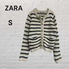 ZARA クロシェ編み ボーダーカーディガン ショート丈 コットン混 春ニット