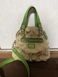 coachショルダーバッグ ベージュ グリーン キャンバス
