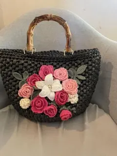 ハンドメイド かごバッグ フラワー 花付き 夏バッグ 軽量 浴衣にも