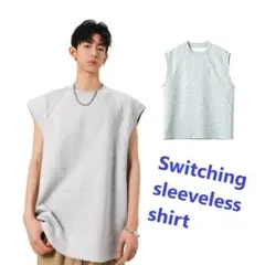 タンクトップ ノースリーブ メンズ M Tシャツ 袖無 綿 無地 切り替 グレー