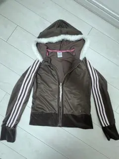 adidasトラックジャケット×ベルベットふわふわパーカー　ブラウン&ピンクL