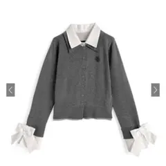 襟付き袖リボンロゴ刺繍ニットトップス　グレー　GRL fs29