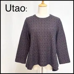 【未使用に近い】ウタオ 長袖 ペプラムトップス カットソー 総柄 ネイビー M