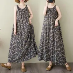 美品☆気質満点 プリント ジャンパースカート 着心地いい マキシ丈 夏物