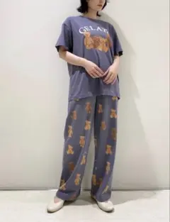 ジェラートピケ　ベアワンポイントTシャツ&ベア柄ロングパンツ　NVY