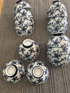 美濃焼 龍峰窯 染付更紗 高台カップ 3客 グラス 小鉢 小付 美品 花鳥文