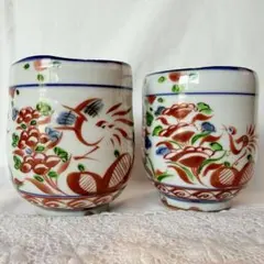 花と鳥の絵柄 湯飲み ペアセット清水焼 弘峯作 湯呑み 鳳凰 色絵 京焼 和食器