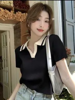 新品未使用　Lサイズ　半袖ポロニット　shein ブラック