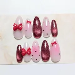 リボン×ハート×ボルドーラメ♡大人可愛いネイルチップ