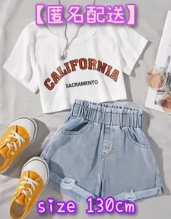 ラスト1点！ 女の子 ホワイトTシャツ& デニムショートパンツ＆上下 2点St