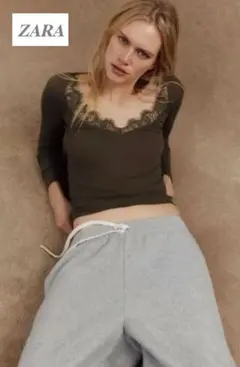 【新品】ZARA トップス レース リブ編み カーキ size...L