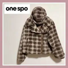 【美品】onespo：ガーリー チェック ファーコート ジャケット バケハ M