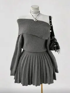 オフショルダー ニットワンピース グレー