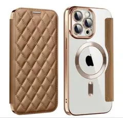 【新品】 iPhone 14 PLUS手帳型 カード収納 ブラウンゴールド