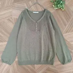 マジェスティックレゴン 長袖 ニット 薄手 すかし編み オリーブ系 M