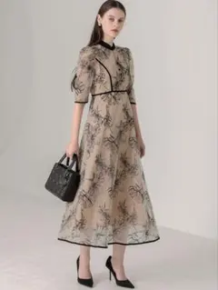 パイピングハイネック花柄ラメレースワンピースドレス結婚式二次会パーティー成人式