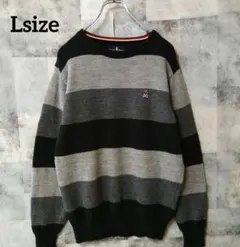 PSYCHO BUNNY Lsize ニット ワンポイントロゴ ボーダー グレー