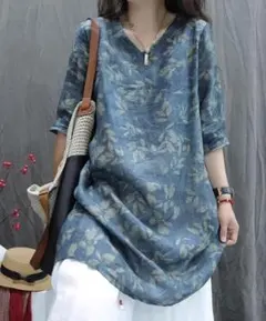 ブルー チュニックブラウス 花柄 ロングシャツ 長袖 トップス 大きいサイズ