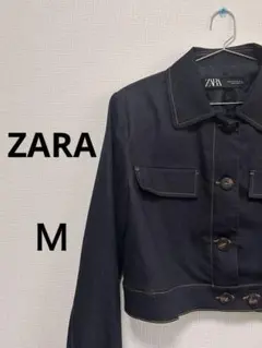 【美品】ZARA ザラ ダークデニム クロップドジャケット トップステッチM