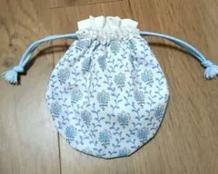 ハンドメイド　てまり巾着　花柄 ブルー レース 小物入れ　日本製生地