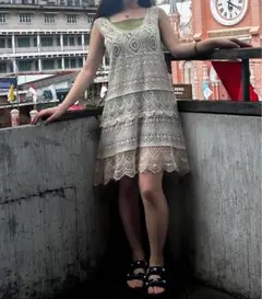 アイボリー レース編み ノースリーブ ワンピース