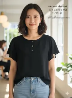【美品】日本製 hermo donna フレンチスリーブブラウス 黒