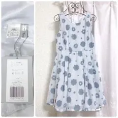 新品 リランドチュール フロッキーフラワー背中ボタン花柄ワンピース ライトブルー