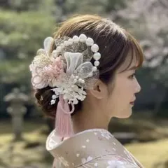 成人式　卒業式　髪飾り　ピンクホワイトゴールドパールチェーンダブルタッセル