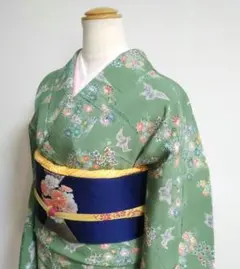 極美品!!【正絹 小紋】 着物 大人エレガント　若草色　花と鳥のデザイン
