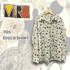 70sビンテージ MR CELLINI デカ襟長袖シャツ 総柄パーマネントプレス