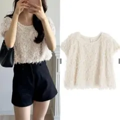 【美品】GRL グレイル フェザーフレンチスリーブトップス フェザー