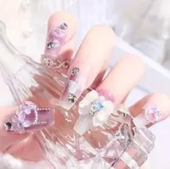 キラキラネイルチップセット　韓国　量産　地雷　紫　パーティー　デート　リボン