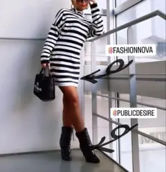 FASHION NOVAモノトーン黒白ボーダーニットワンピース（長袖）M