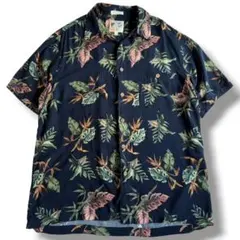 90s レーヨン アロハシャツ ブラック リーフ柄 ボタニカル柄 ビンテージのサムネイル