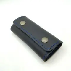 4連キーケース／黒革／青ステッチ／鍵／レザー／シンプル