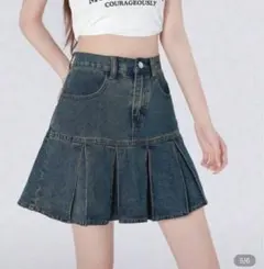 ダークデニム プリーツスカート ハイウエスト