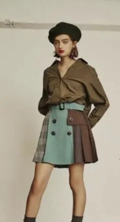 プリーツミニスカート　チェック　REDYAZEL 異素材MIXスカート　ミント