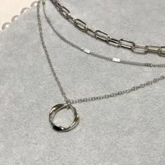 シルバーカラー大きめ長あずきクラッシュキヘイチェーンフープリング3連ネックレス