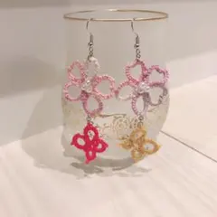 ピアス イヤリング 蝶 桜 タティングレース レース編み ピンク