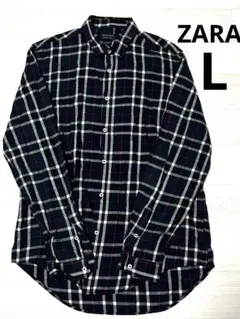 ZARA MANメンズチェック柄 長袖シャツ ネイビー系 L