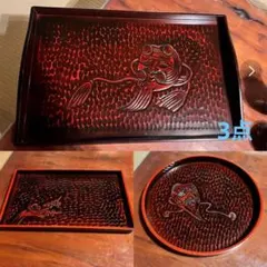 翁　梅　お盆　丸盆　角盆　ミニ角盆　トレー　3点セット