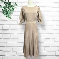 【ナイスクラップ】紐付きニットロングプリーツワンピース　五分袖　大人可愛い　F