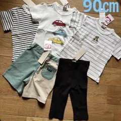 ５点セット　新品　プティマイン　半袖トップス　パンツ　くま刺繍　車　バイカラー