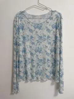 美品 SHEIN 花柄ブルー長袖シアートップス 伸縮性あり